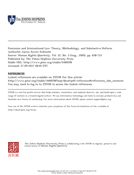 Feminism and International Law: Theory, Methodology, and Substantive Reform Author(S): Aaron Xavier Fellmeth Source: Human Rights Quarterly, Vol