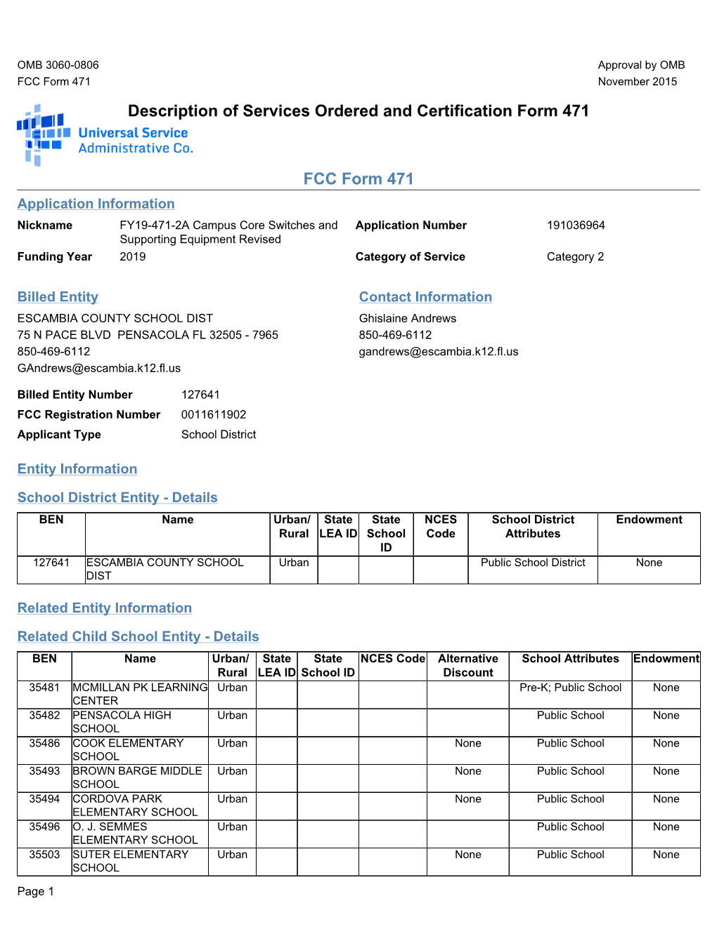 Description of Services Ordered and Certification Form 471 FCC