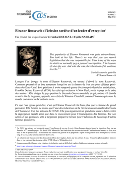 Eleanor Roosevelt : L’Éclosion Tardive D’Un Leader D’Exception1