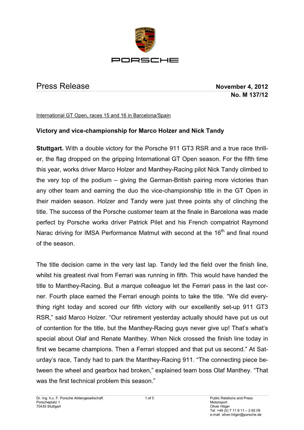 Press Release November 4, 2012 No