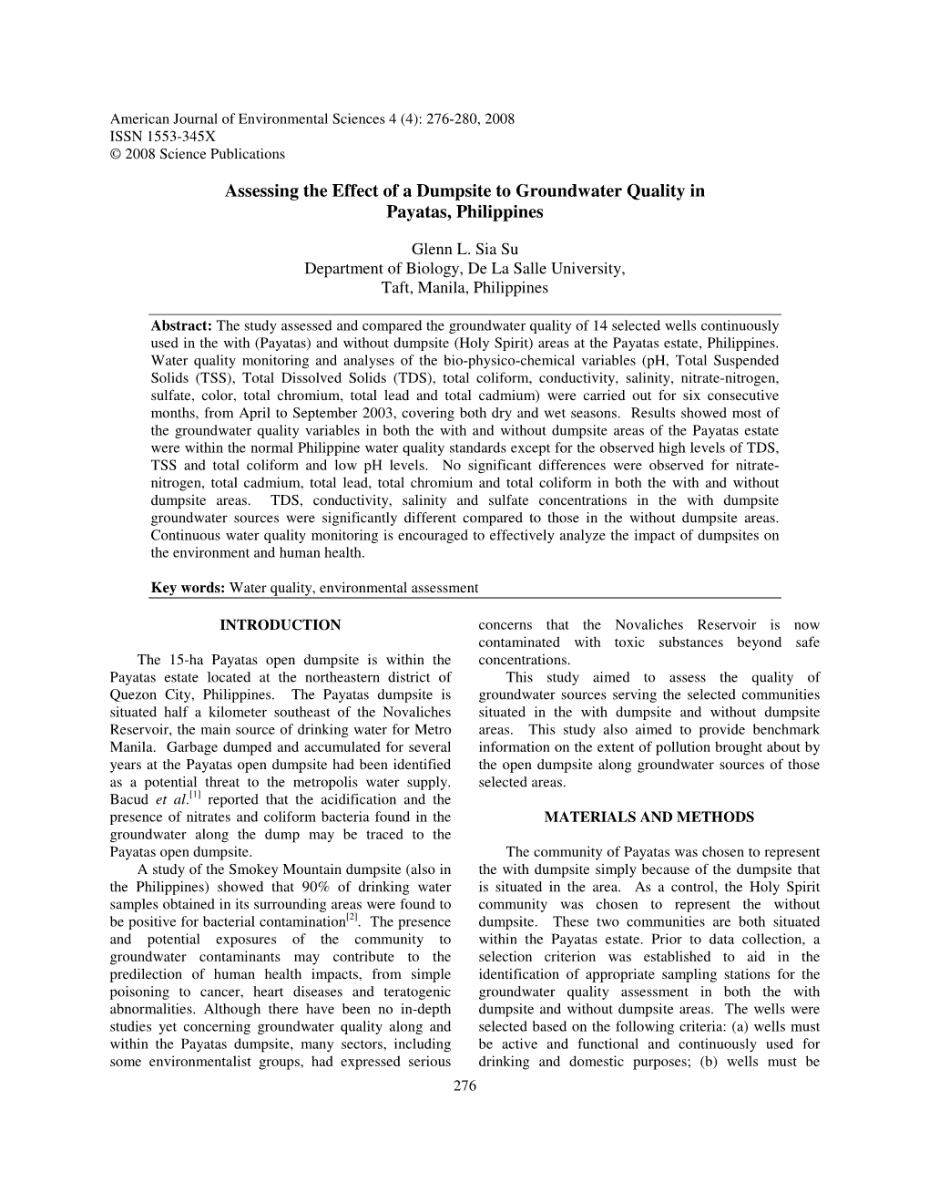 Assessing the Effect of a Dumpsite to Groundwater Quality in Payatas, Philippines