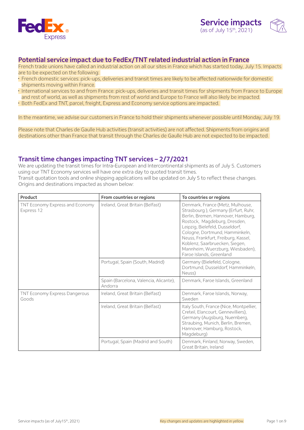 Service Impacts (As of July 15Th, 2021)