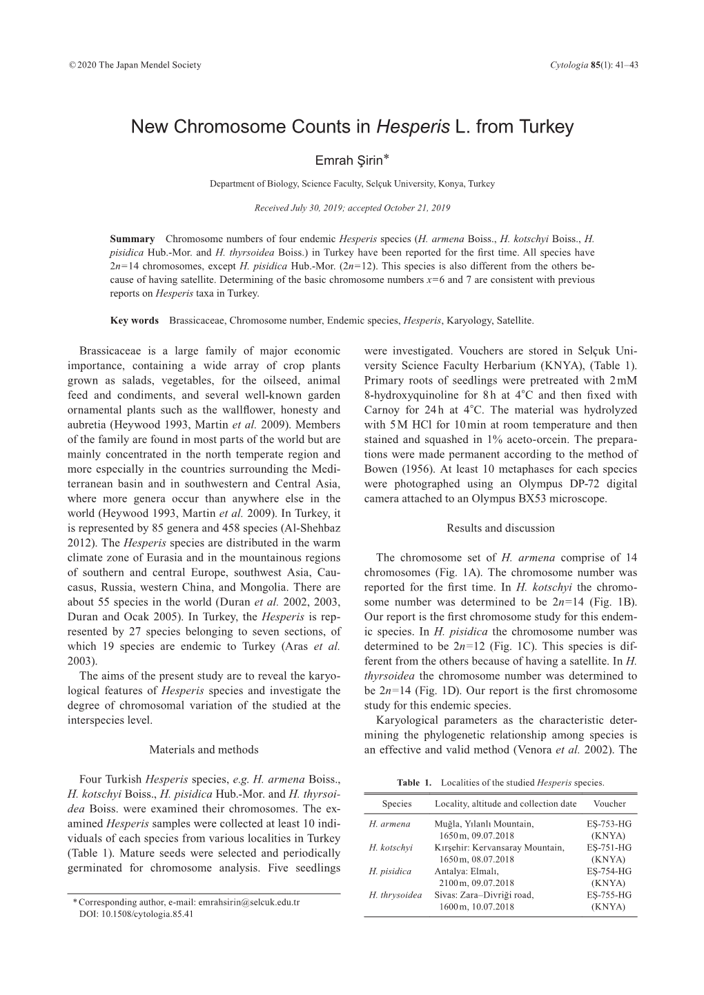 New Chromosome Counts in Hesperis L. from Turkey