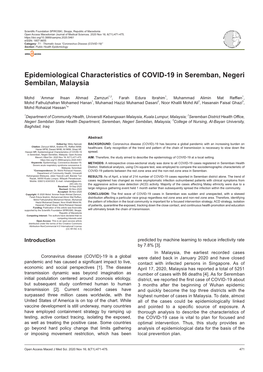 Epidemiological Characteristics of COVID-19 in Seremban, Negeri Sembilan, Malaysia