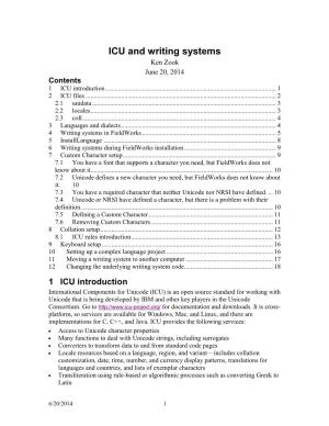 ICU and Writing Systems Ken Zook June 20, 2014 Contents 1 ICU Introduction