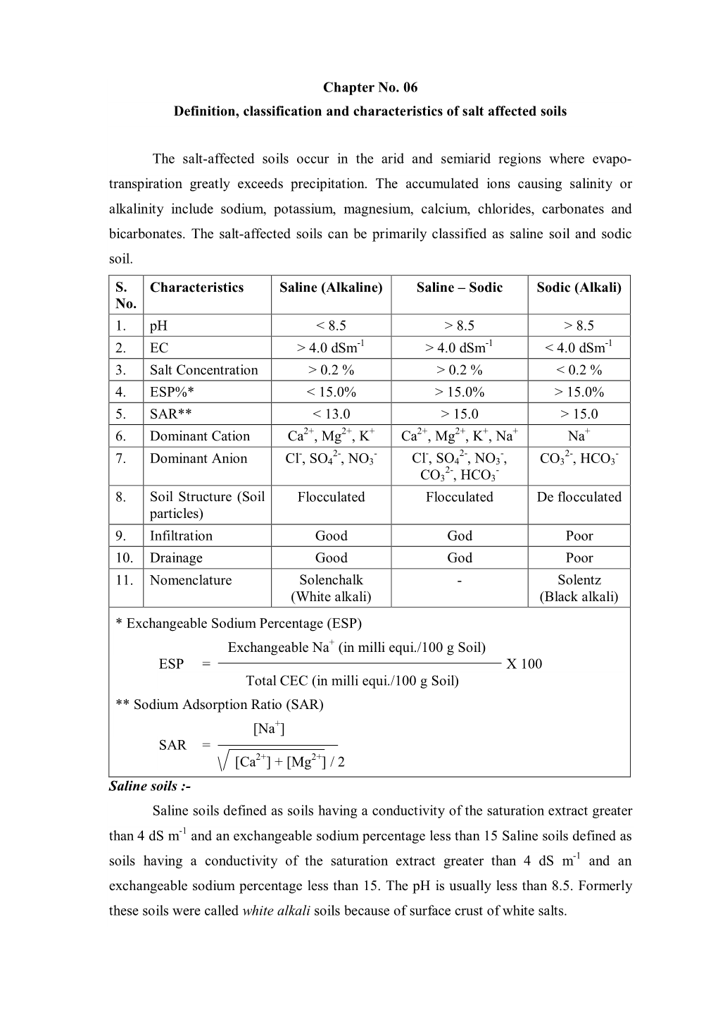 Chapter No. 06 Definition, Classification and Characteristics of Salt Affected Soils