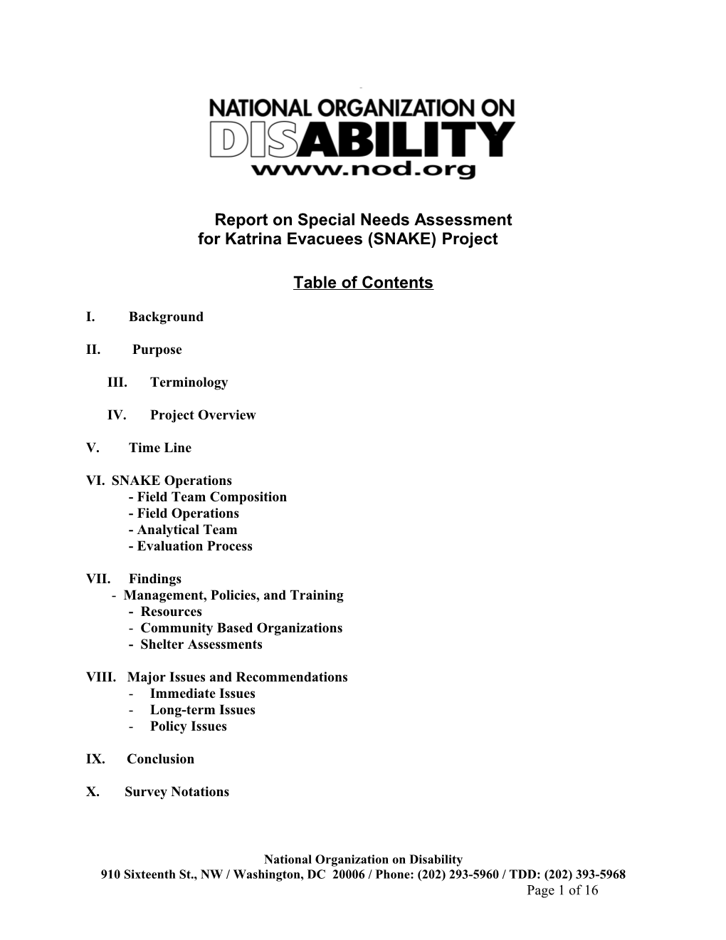 Report on Special Needs Assessment for Katrina Evacuees (SNAKE) Project Table of Contents