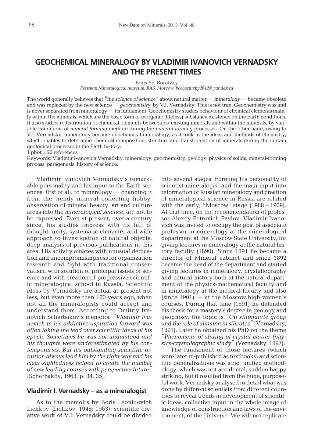 GEOCHEMICAL MINERALOGY by VLADIMIR IVANOVICH VERNADSKY and the PRESENT TIMES Boris Ye