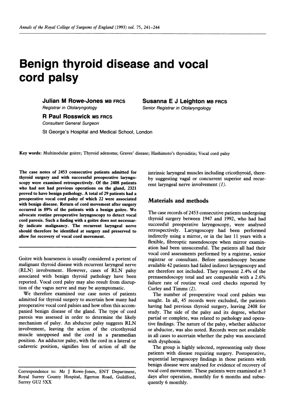Benign Thyroid Disease and Vocal Cord Palsy