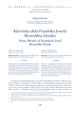 Klavirska Dela Františka Josefa Benedikta Dusíka Piano Works of František Josef Benedikt Dusík