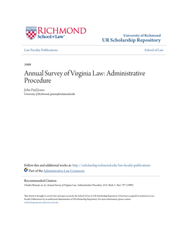 Annual Survey of Virginia Law: Administrative Procedure John Paul Jones University of Richmond, Jjones@Richmond.Edu