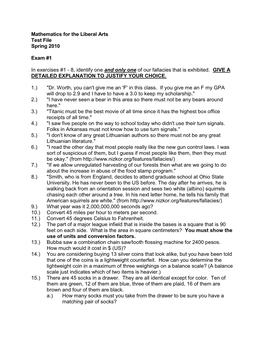 Mathematics for the Liberal Arts Test File Spring 2010 Exam #1 In
