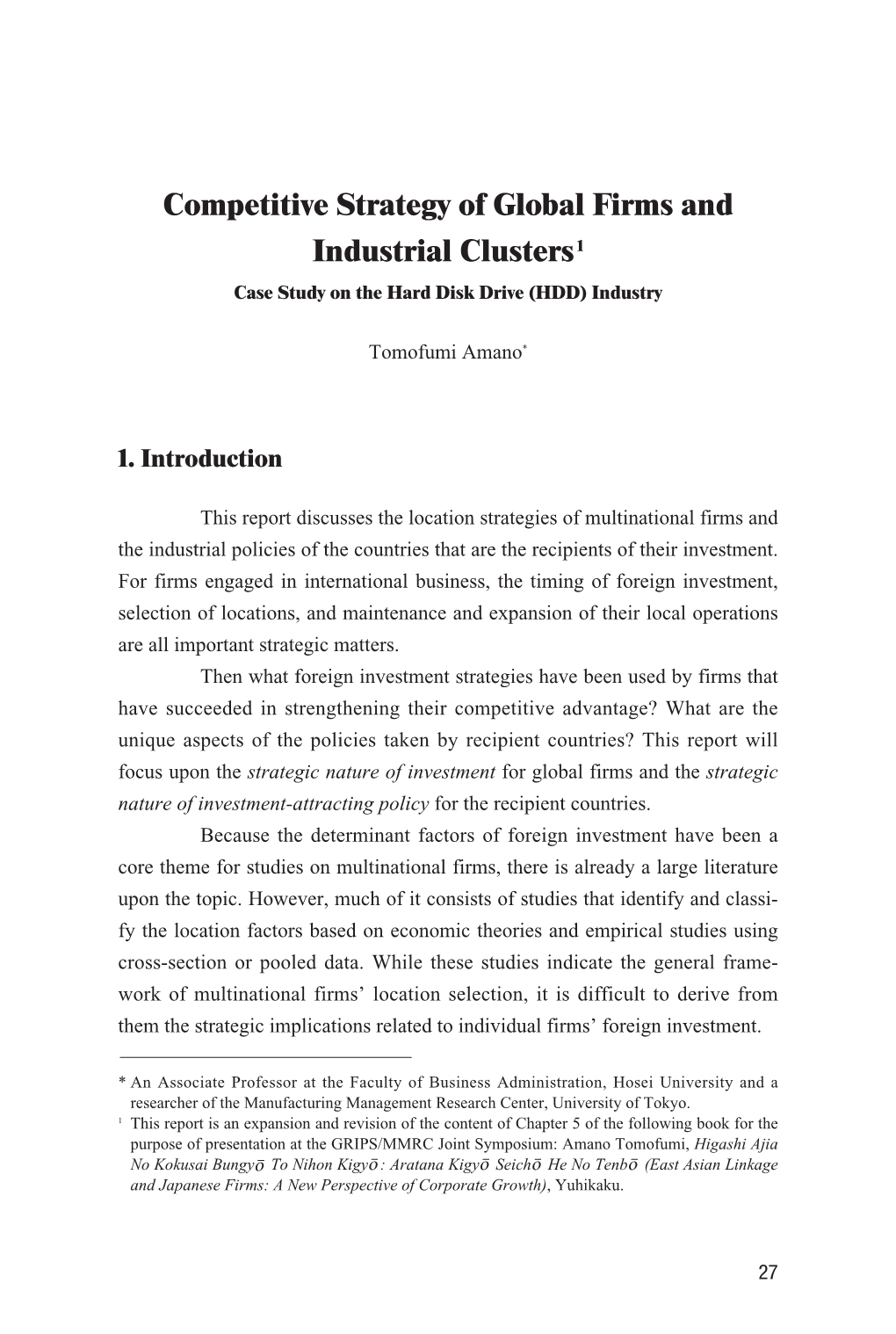 Competitive Strategy of Global Firms and Industrial Clusters1