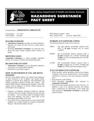 Ammonium Carbamate Hazard Summary Identification