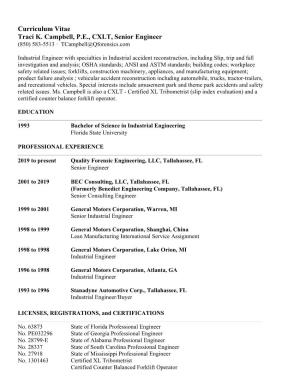 Curriculum Vitae Traci K. Campbell, P.E., CXLT, Senior Engineer (850) 583-5513 · Tcampbell@Qforensics.Com