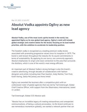 Absolut Vodka Appoints Ogilvy As New Lead Agency