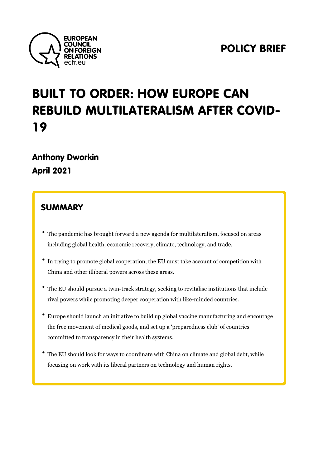 Built to Order: How Europe Can Rebuild Multilateralism After Covid-19