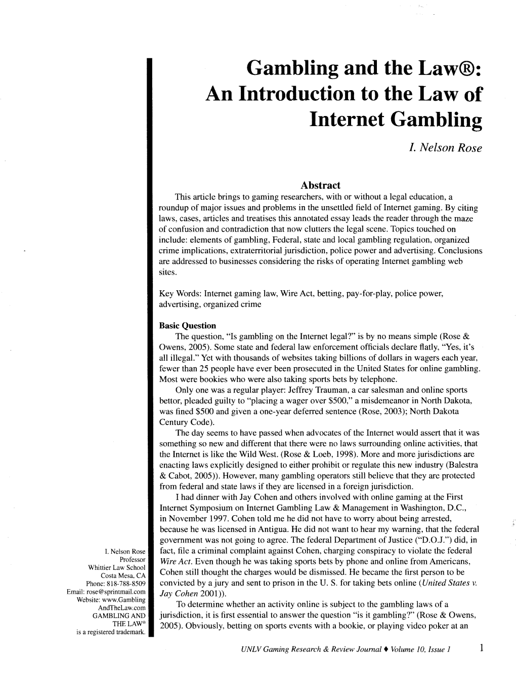 An Introduction to the Law of Internet Gambling