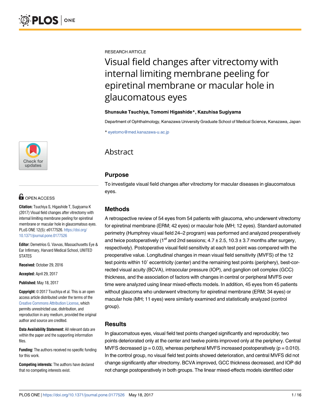 Visual Field Changes After Vitrectomy with Internal Limiting Membrane Peeling for Epiretinal Membrane Or Macular Hole in Glaucomatous Eyes