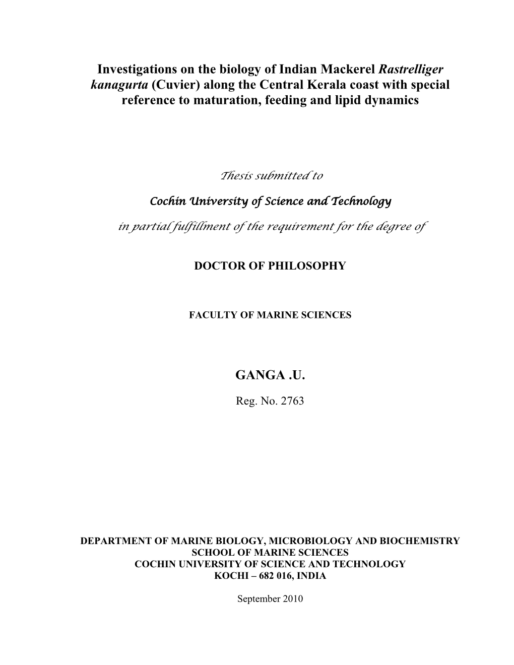 Investigations on the Biology of Indian Mackerel Rastrelliger Kanagurta