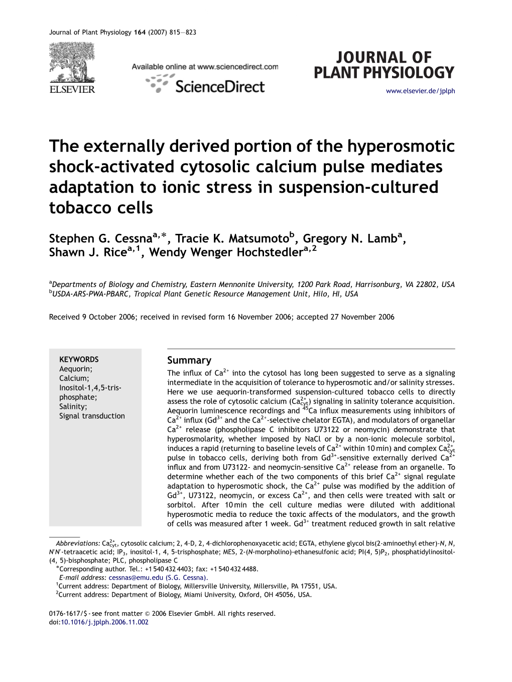 The Externally Derived Portion of the Hyperosmotic Shock-Activated Cytosolic Calcium Pulse Mediates Adaptation to Ionic Stress in Suspension-Cultured Tobacco Cells