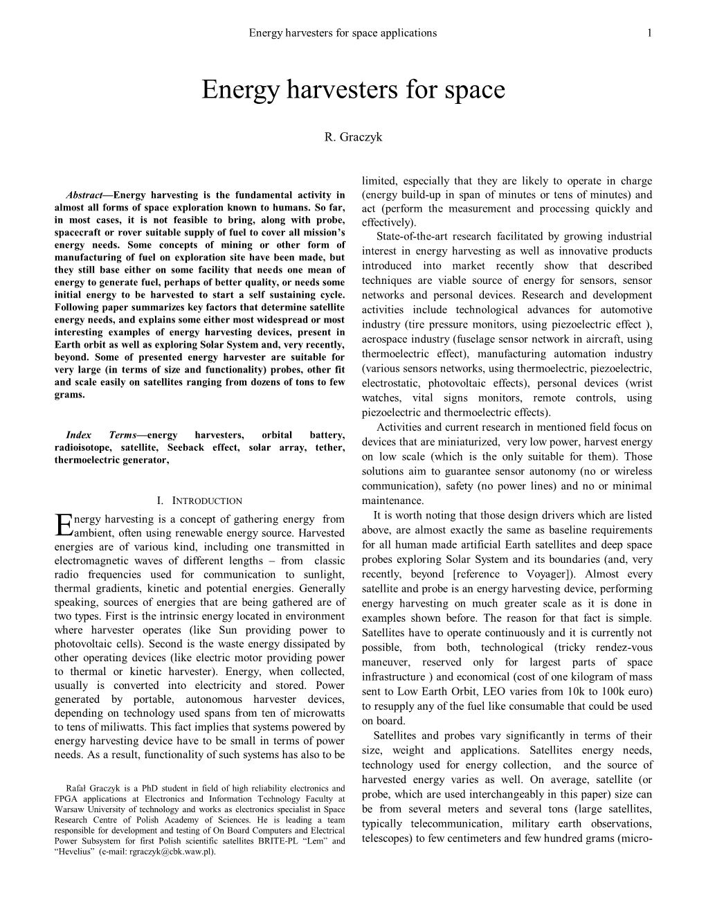 Energy Harvesters for Space Applications 1