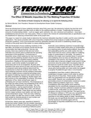 The Effect of Metallic Impurities on the Wetting Properties of Solder