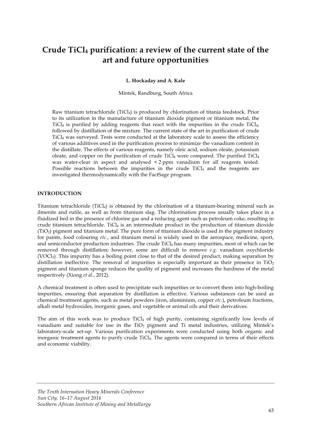 Crude Ticl4 Purification: a Review of the Current State of the Art and Future Opportunities