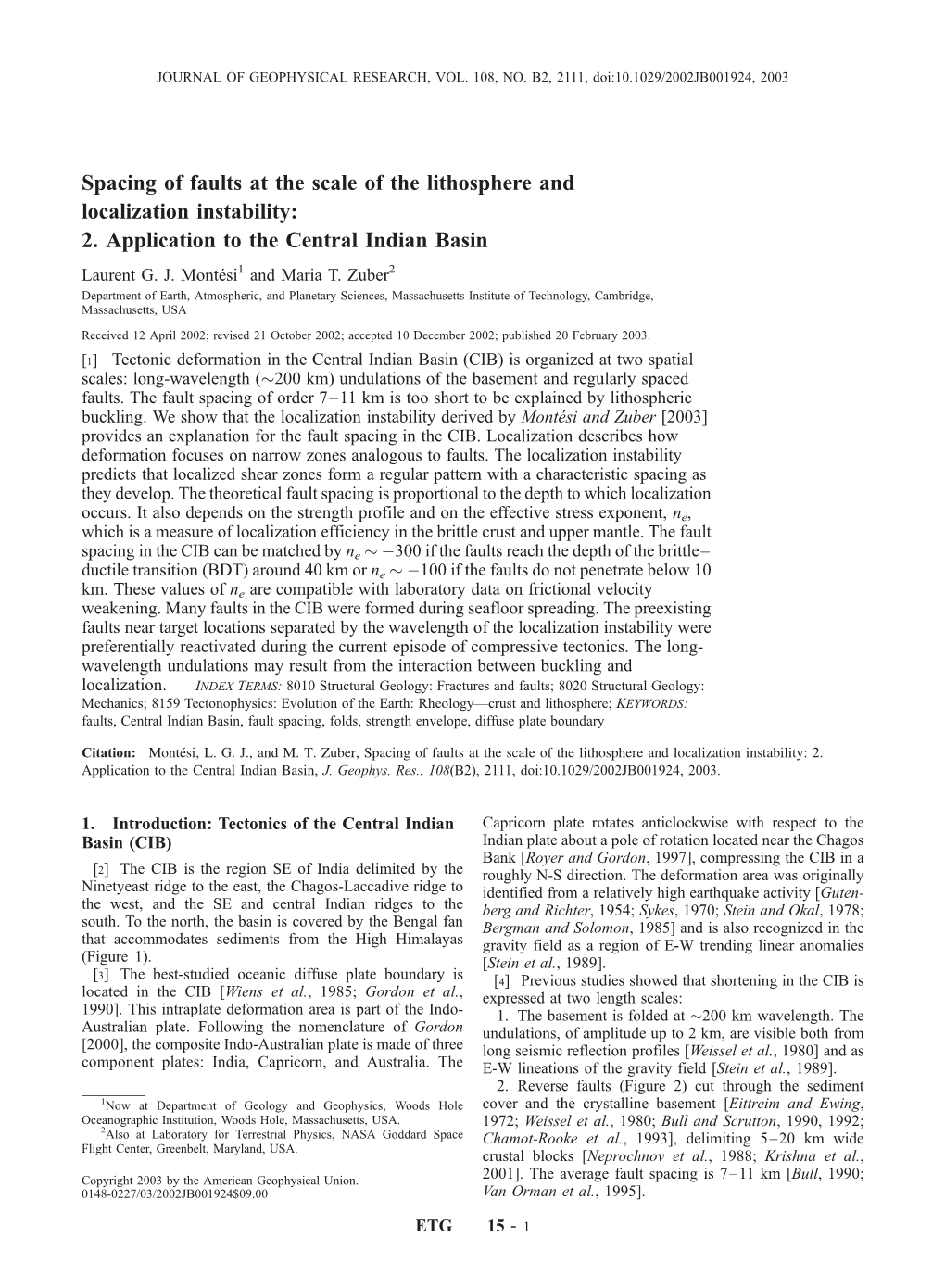 Spacing of Faults at the Scale of the Lithosphere and Localization Instability: 2. Application to the Central Indian Basin Laurent G