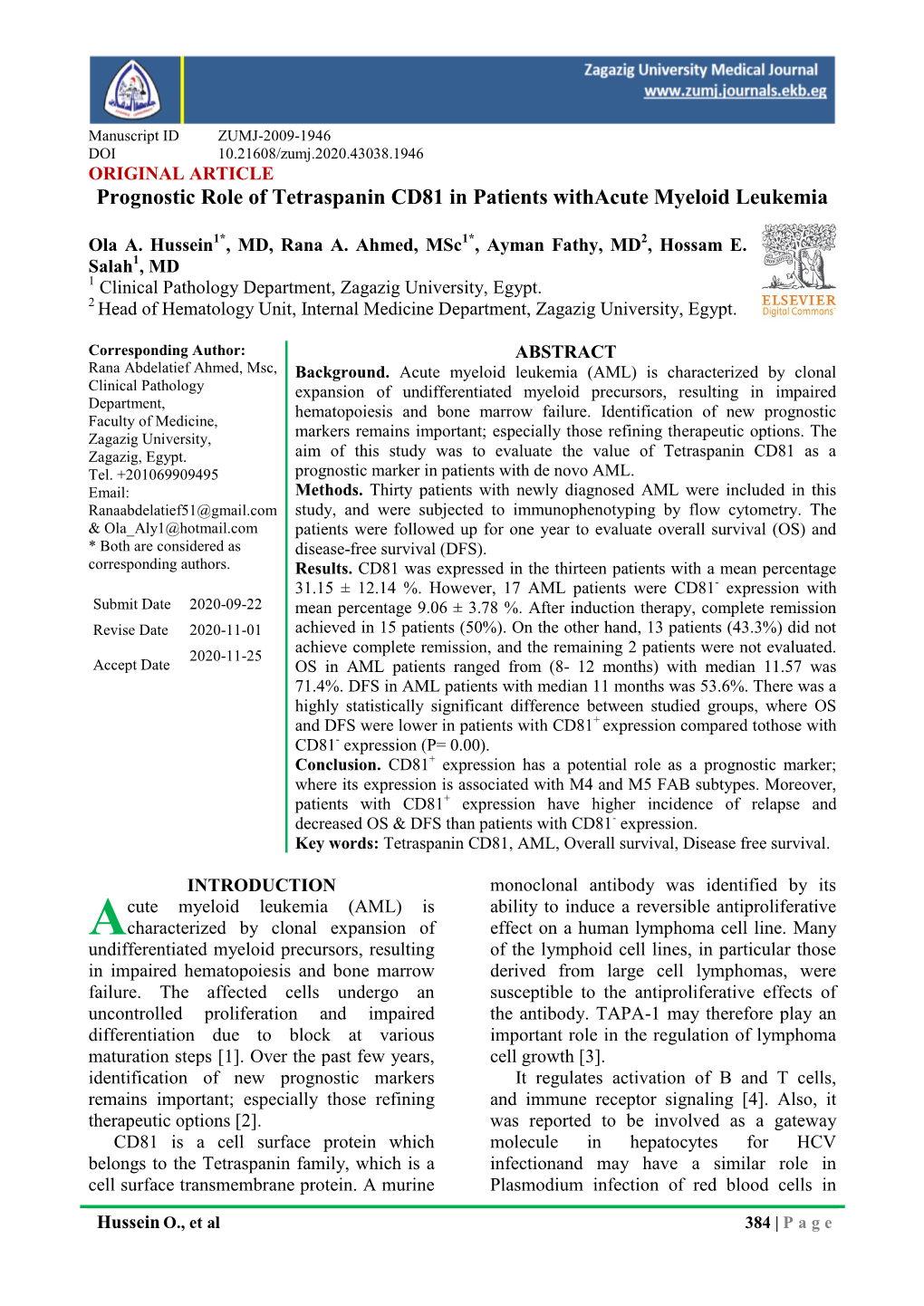 Prognostic Role of Tetraspanin CD81 in Patients Withacute Myeloid Leukemia