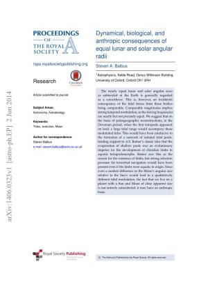 Dynamical, Biological, and Anthropic Consequences of Equal Lunar and Solar Angular Radii Rspa.Royalsocietypublishing.Org Steven A