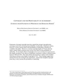 Copyright and the Profitability of Authorship - * Evidence from Payments to Writers in the Romantic Period