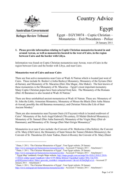 Country Advice Egypt – EGY38074 – Coptic Christian – Monasteries