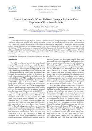 Genetic Analysis of ABO and Rh Blood Groups in Backward Caste Population of Uttar Pradesh, India Vandana RAI, Pradeep KUMAR