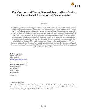 The Current and Future State-Of-The-Art Glass Optics for Space-Based Astronomical Observatories