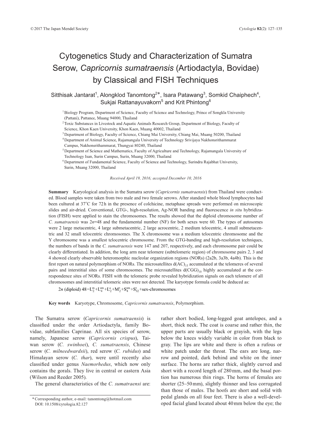 Cytogenetics Study and Characterization of Sumatra Serow, Capricornis Sumatraensis (Artiodactyla, Bovidae) by Classical and FISH Techniques