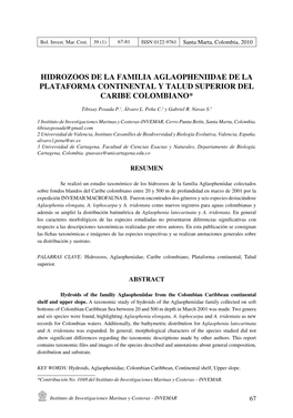 Hidrozoos De La Familia Aglaopheniidae De La Plataforma Continental Y Talud Superior Del Caribe Colombiano*