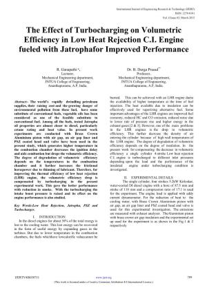 The Effect of Turbocharging on Volumetric Efficiency in Low Heat Rejection C.I. Engine Fueled with Jatrophafor Improved Performance