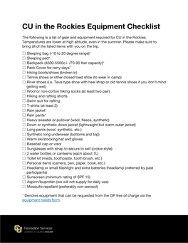 CU in the Rockies Equipment Checklist