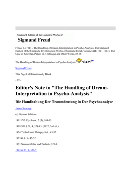 The Handling of Dream- Interpretation in Psycho-Analysis" Die Handhabung Der Traumdeutung in Der Psychoanalyse