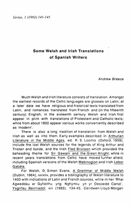 Some Welsh and Irish Translations of Spanish Writers