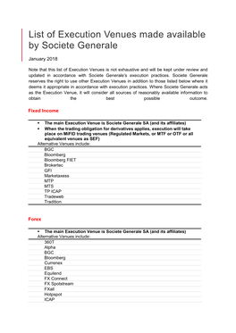 List of Execution Venues Made Available by Societe Generale