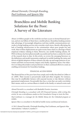 Branchless and Mobile Banking Solutions for the Poor: a Survey of the Literature