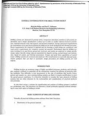 GENERAL CONSIDERATIONS for DRILL SYSTEM DESIGN Ma1cohn Mellor and Paul V. Selhnann U.S. Army Cold Regions Research and Engineeri