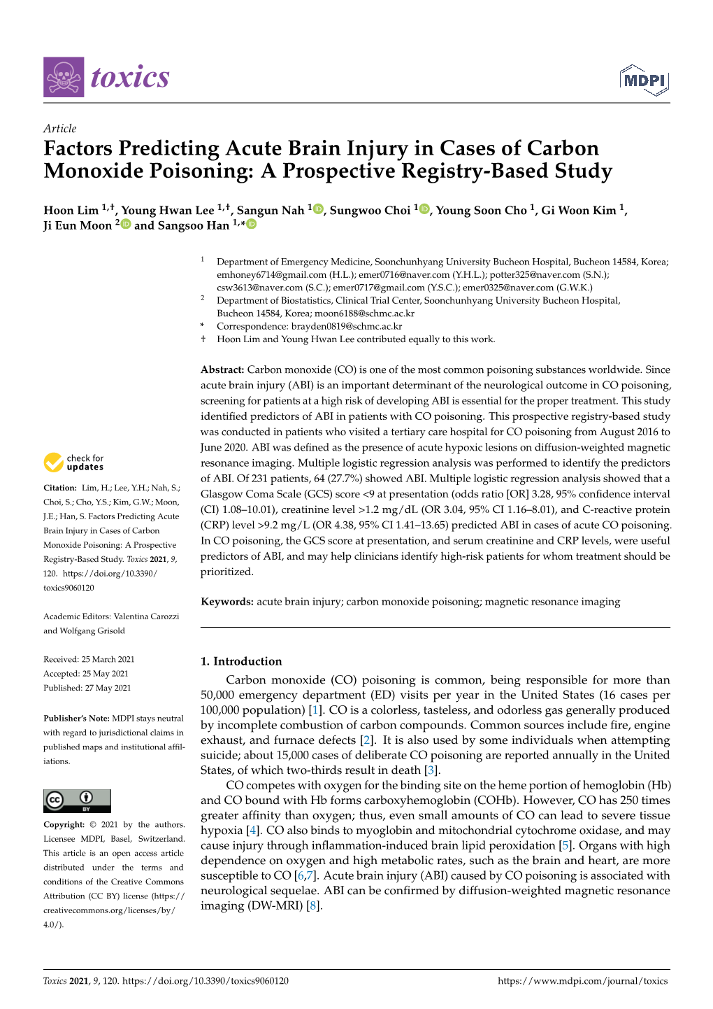 Factors Predicting Acute Brain Injury in Cases of Carbon Monoxide Poisoning: a Prospective Registry-Based Study