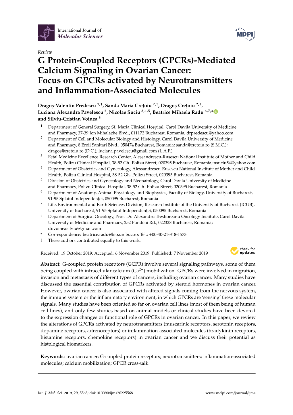 (Gpcrs)-Mediated Calcium Signaling in Ovarian Cancer: Focus on Gpcrs Activated by Neurotransmitters and Inﬂammation-Associated Molecules