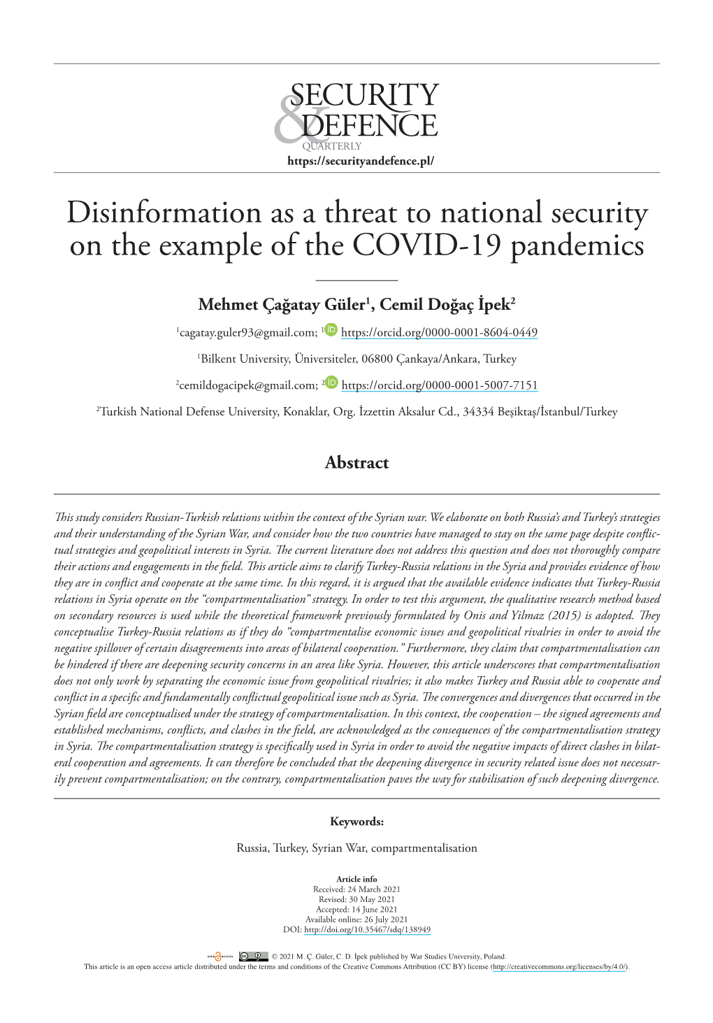Disinformation As a Threat to National Security on the Example of the COVID-19 Pandemics