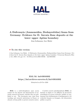 A Dufrenoyia (Ammonoidea, Deshayesitidae) Fauna from Germany: Evidence for D