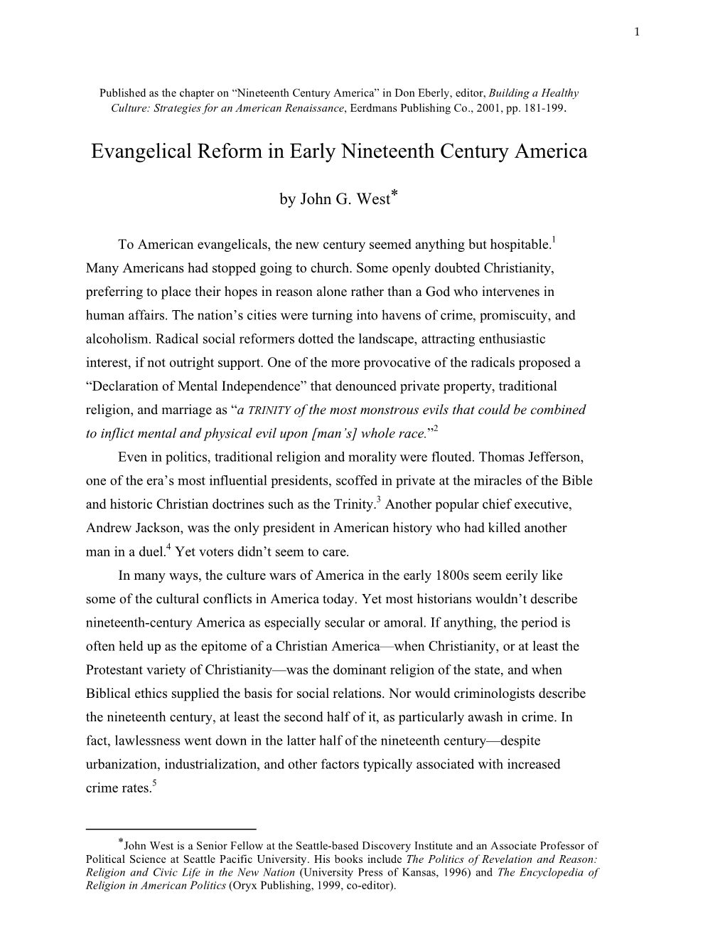 Evangelical Reform in Early Nineteenth Century America