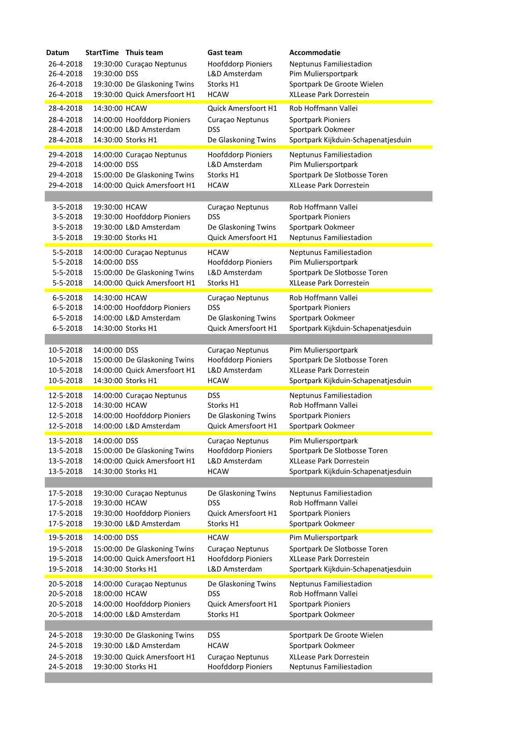 Datum Starttime Thuis Team Gast Team Accommodatie 26-4-2018 19